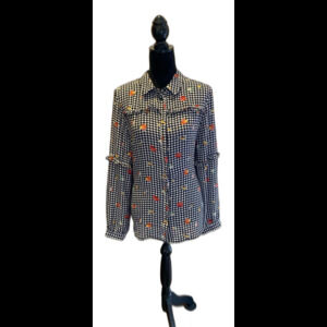 Zac & Rachel Button Down Blouse Collared Top Size XL Black White Checked Floral